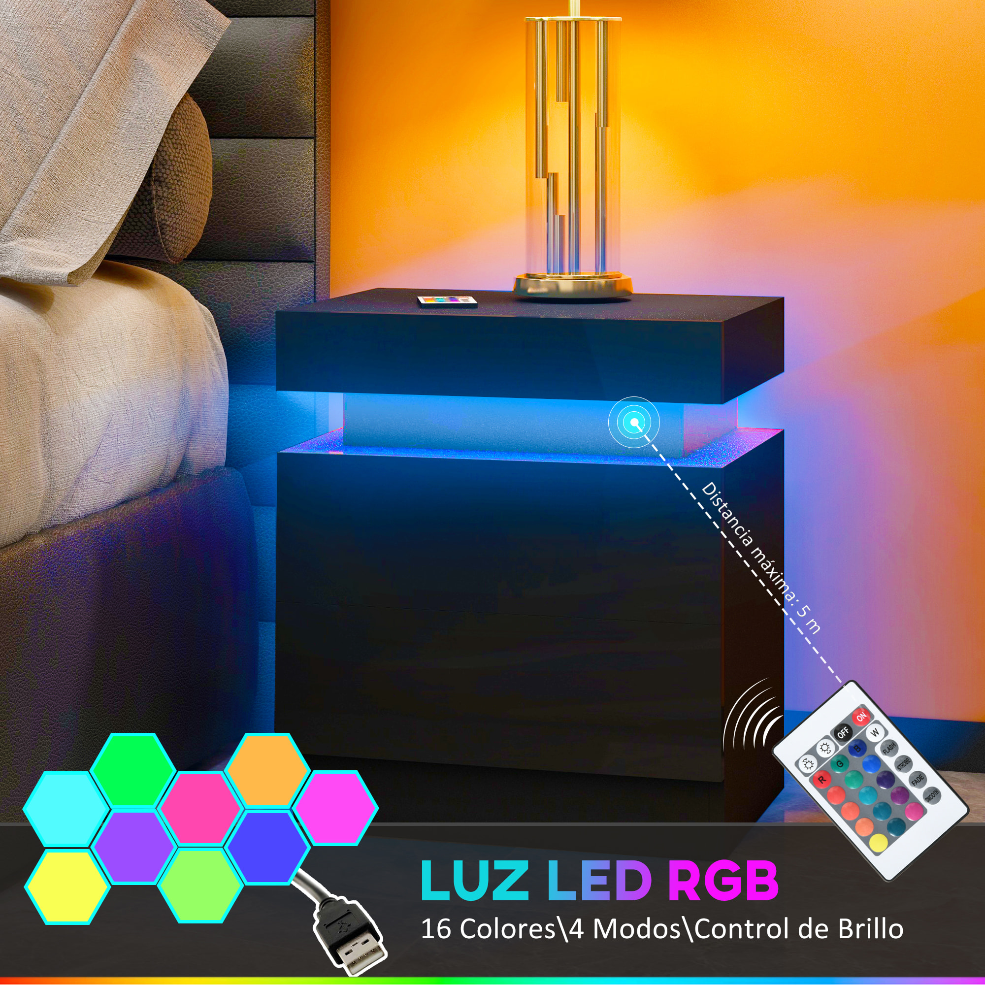 Mesita de Noche con Luces LED Mesilla de Noche con 2 Cajones y Control Remoto Mesa de Noche para Dormitorio Salón 45x35x52 cm