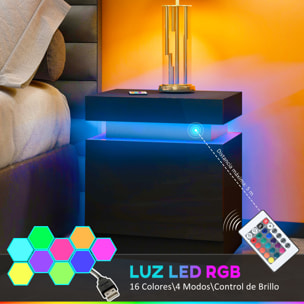 Mesita de Noche con Luces LED Mesilla de Noche con 2 Cajones y Control Remoto Mesa de Noche para Dormitorio Salón 45x35x52 cm