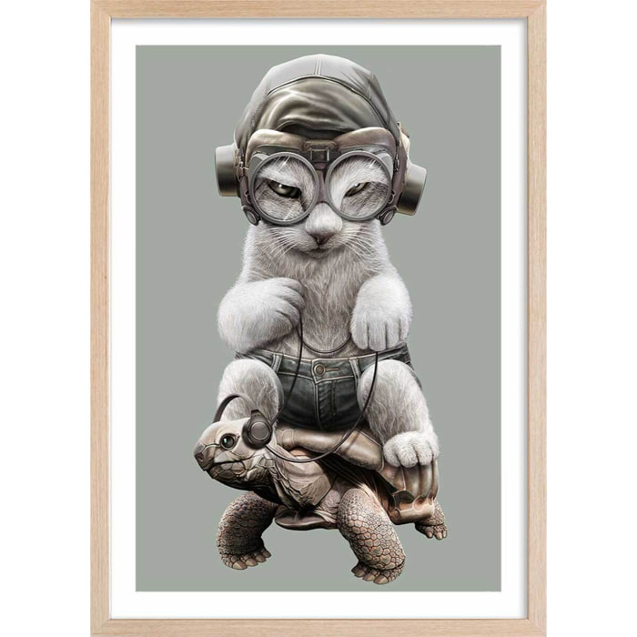 Affiche enfant chat sur une tortue  Affiche + cadre en bois - Chêne