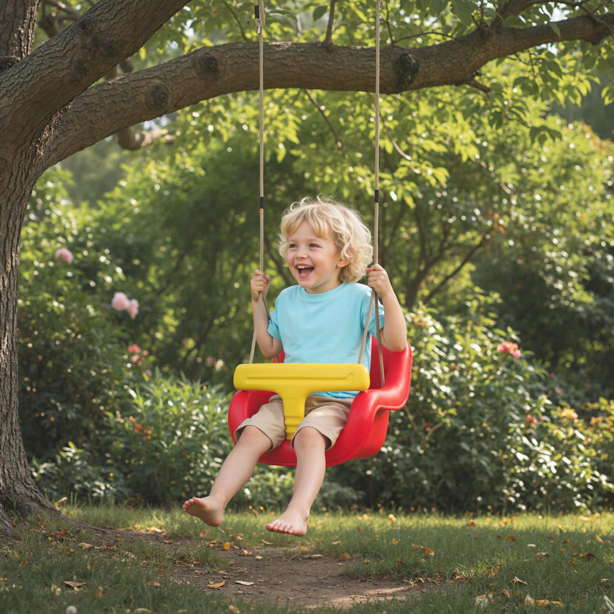 Balançoire bébé dossier haut sécurité hauteur ajustable rouge jaune