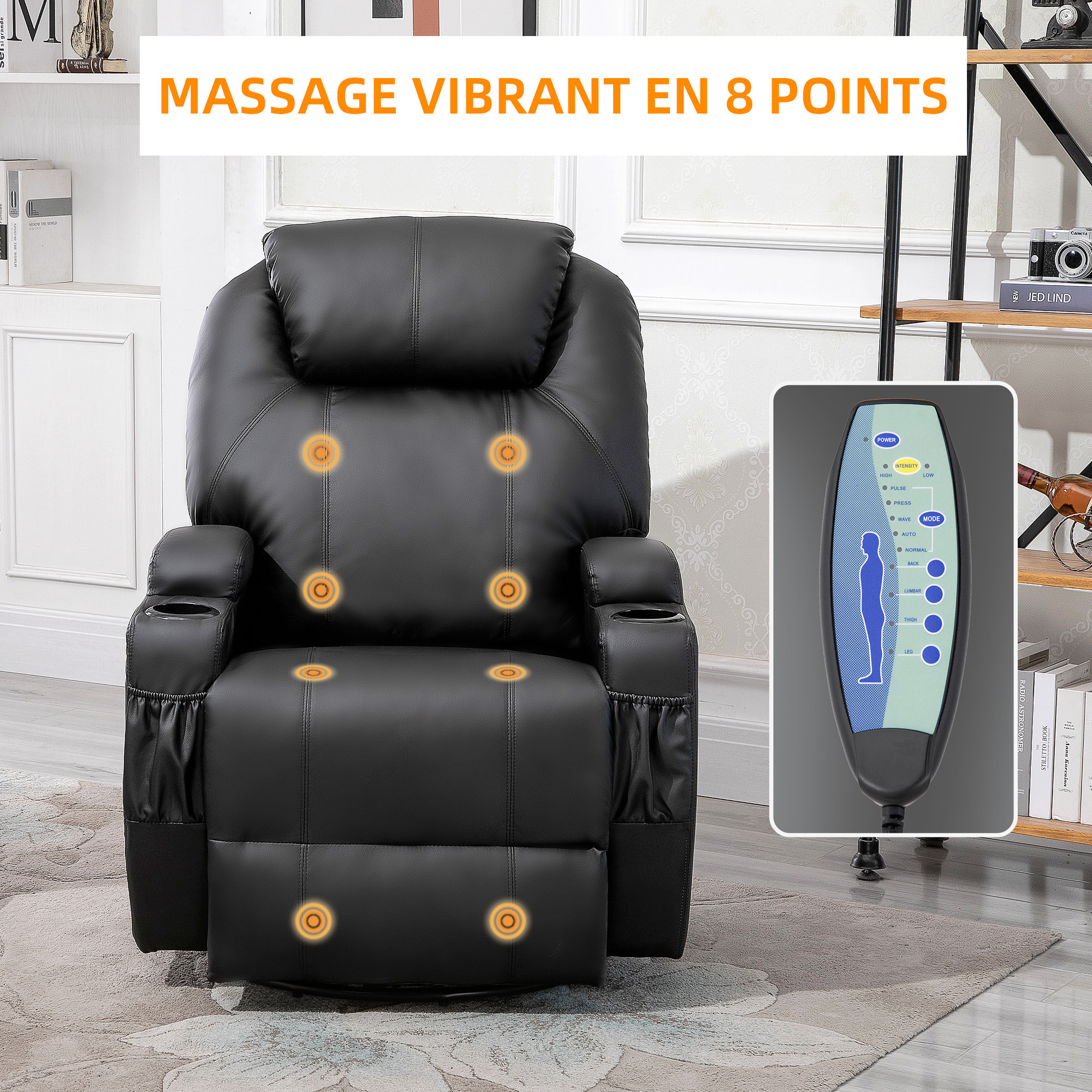 Fauteuil luxe de relaxation et massage inclinaison dossier repose-pied réglable revêtement synthétique noir