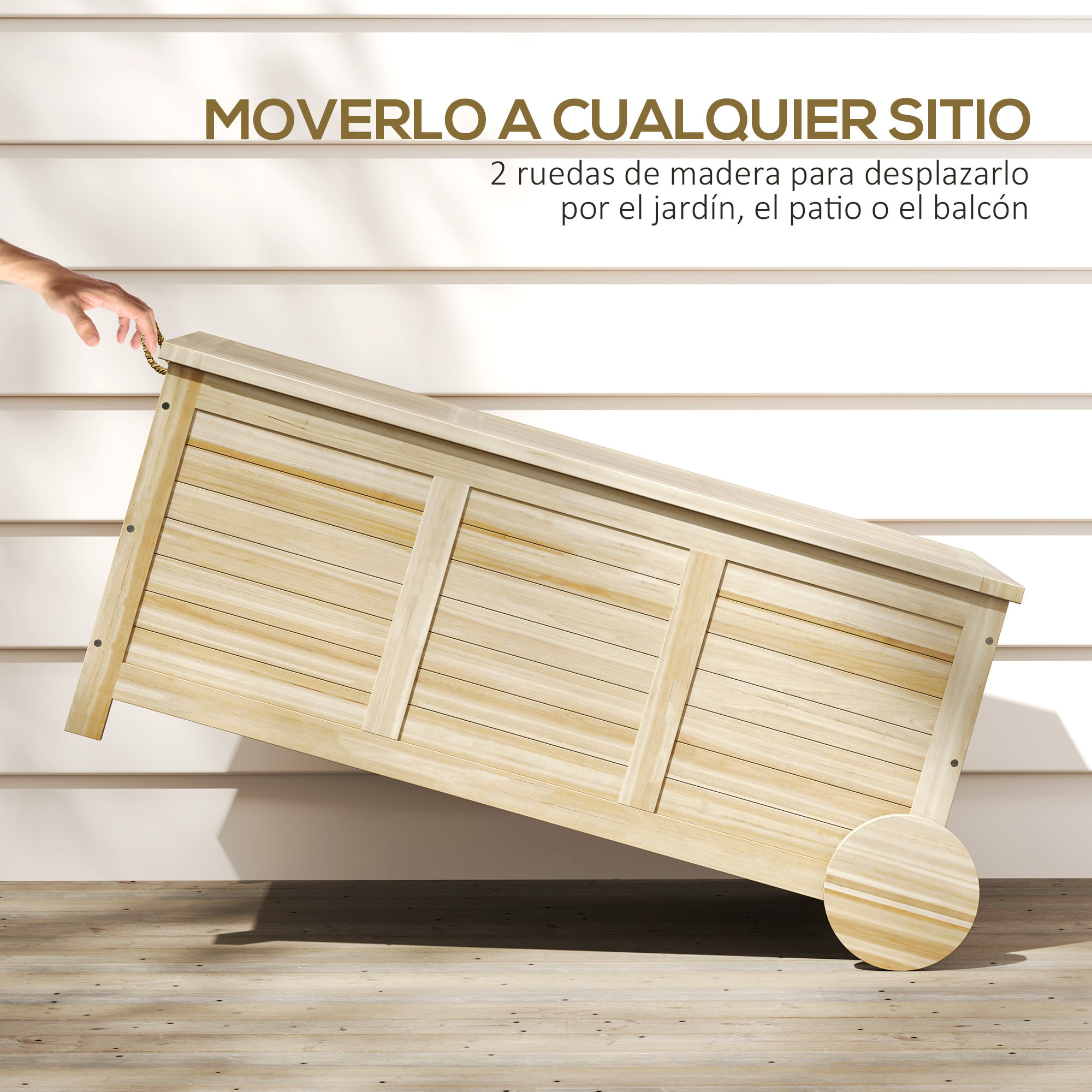 Baúl de Almacenaje Exterior 185L Arcón de Jardín de Madera Impermeable con Tapa Abrible 2 Ruedas Cuerdas de Lino Bisagras Metálicas y Forro Interno 110x50x50 cm Natural