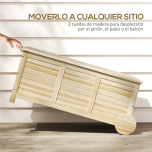 Baúl de Almacenaje Exterior 185L Arcón de Jardín de Madera Impermeable con Tapa Abrible 2 Ruedas Cuerdas de Lino Bisagras Metálicas y Forro Interno 110x50x50 cm Natural