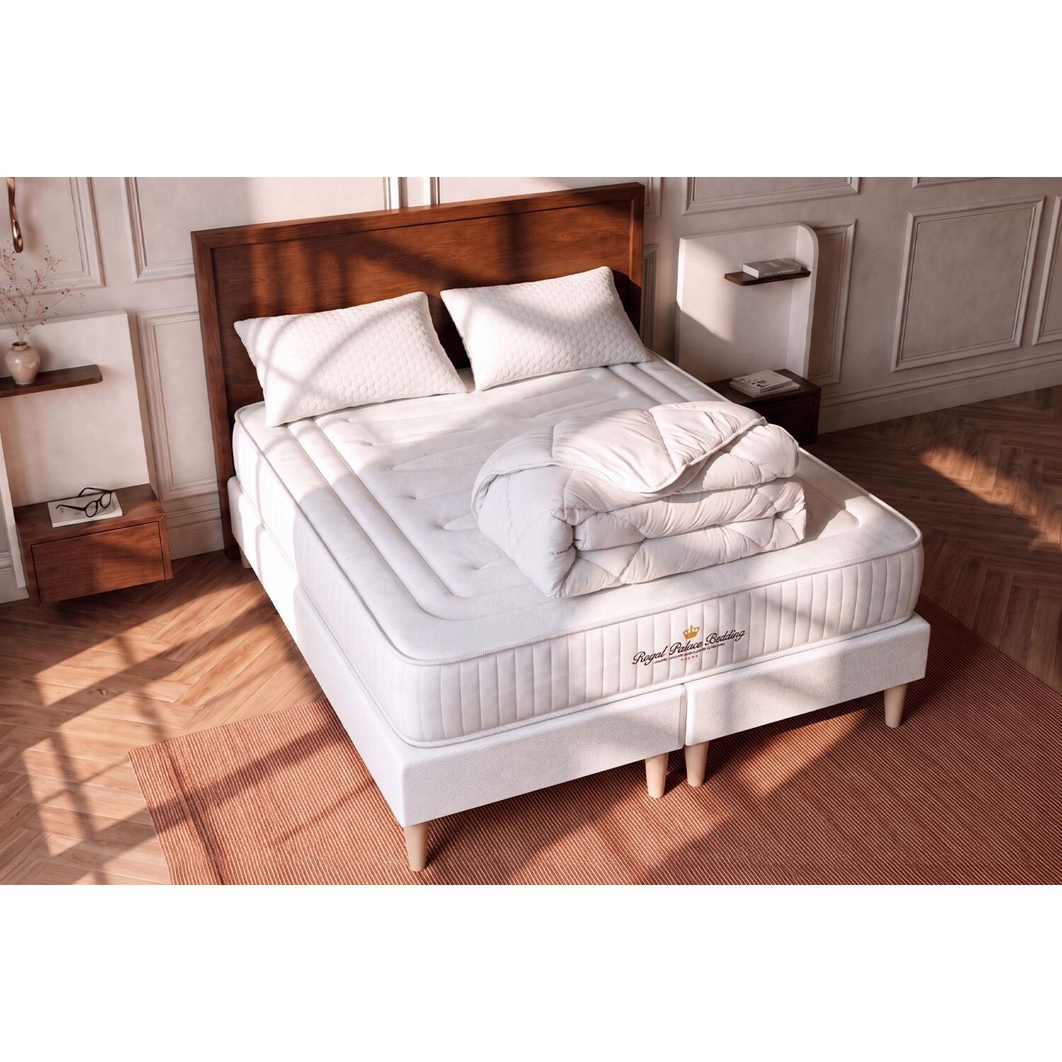 Matelas Ressorts ensachés et mémoire de forme 22cm d'épaisseur - 3 zones de confort - 1 Matelas à ressorts ensachés et mémoire de forme - Confort ferme - Sommier tapissier monobloc - Avec couette et oreillers - 2 places
