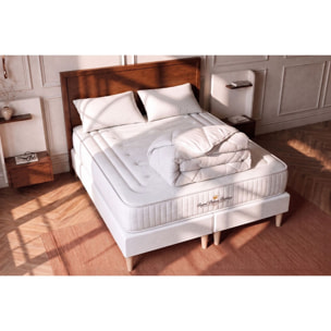 Matelas Ressorts ensachés et mémoire de forme 22cm d'épaisseur - 3 zones de confort - 1 Matelas à ressorts ensachés et mémoire de forme - Confort ferme - Sommier tapissier monobloc - Avec couette et oreillers - 2 places