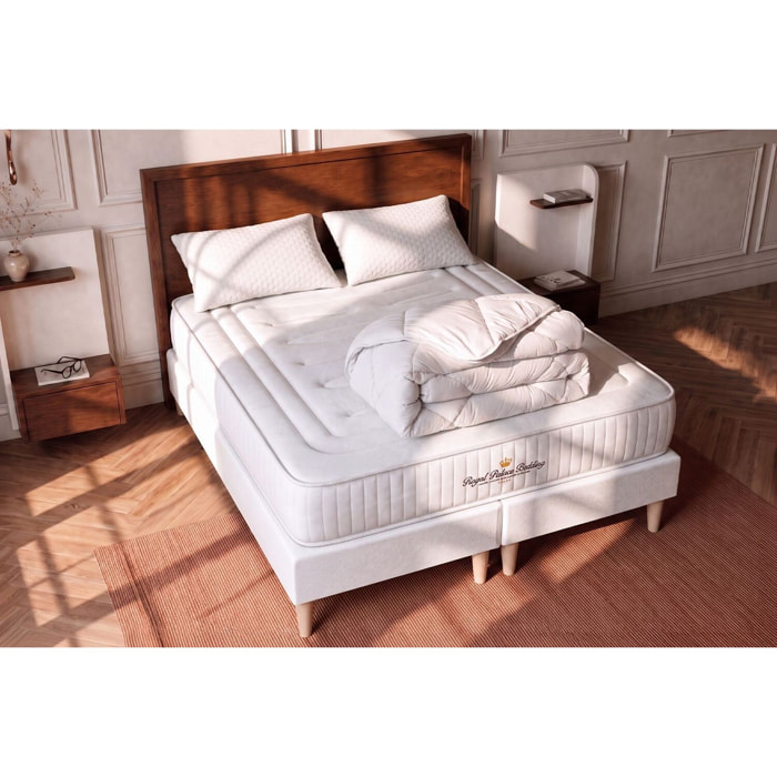 Matelas Ressorts ensachés et mémoire de forme 22cm d'épaisseur - 3 zones de confort - 1 Matelas à ressorts ensachés et mémoire de forme - Confort ferme - Sommier tapissier monobloc - Avec couette et oreillers - 2 places