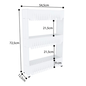 Carrello Da Cucina Salvaspazio Carrellino Portaoggetti Con Rotelle Ruote 3 Ripiani Dispensa Bagno Fino a 2.5 Kg Per Ripiano 72 x 12,5 x 54 cm Bianco