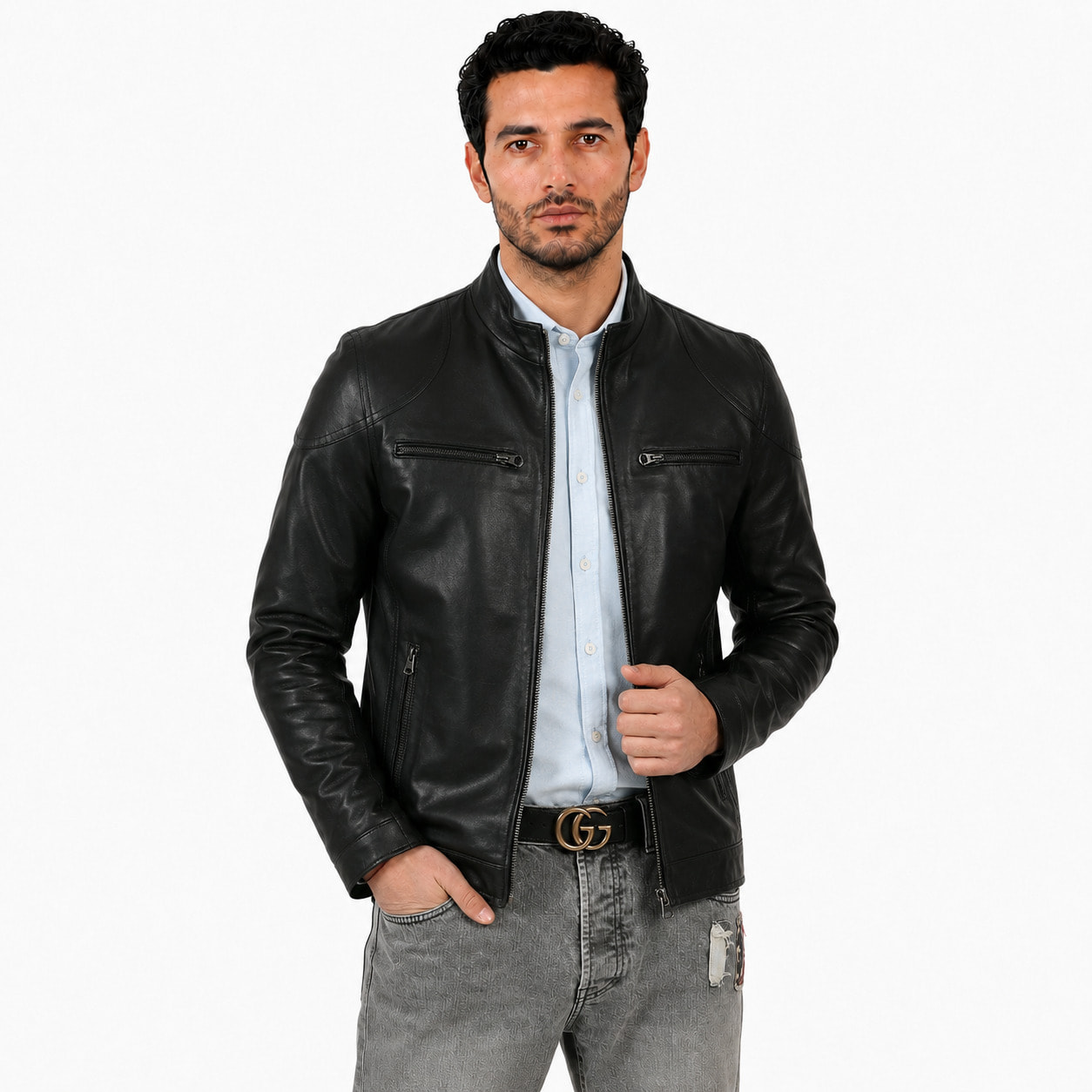 Giubbino in pelle di vitello nappa Nero-Slim Fit
