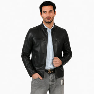 Giubbino in pelle di vitello nappa Nero-Slim Fit