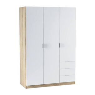 Guardaroba Allentown, Armadio per camera da letto a 3 ante e 3 cassetti, Mobile con barra appendiabiti e 3 ripiani, cm 121x52h180, Bianco e Rovere