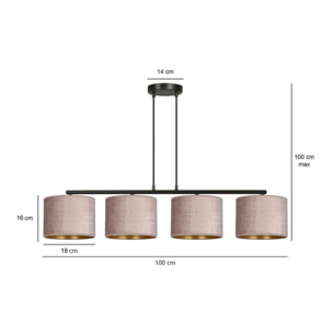 Lampada a sospensione Hilde in acciaio nero e velluto rosa antico