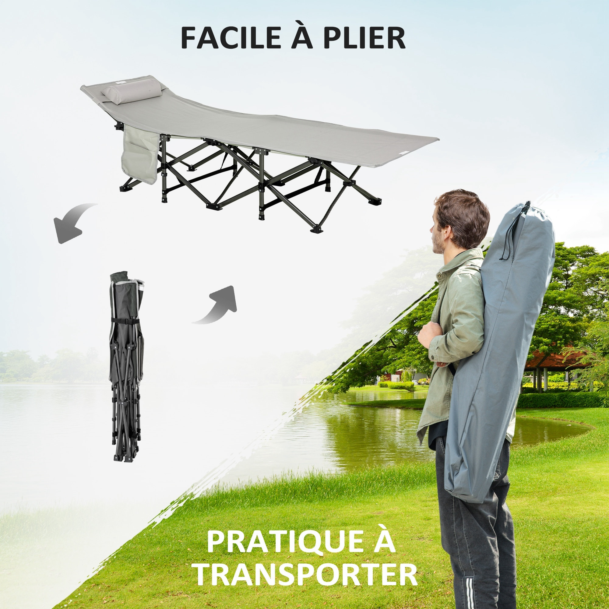 Lit de camp lit d'appoint pliable - pochette rangement, tétière, sac de transport, matelas inclus métal Oxford gris