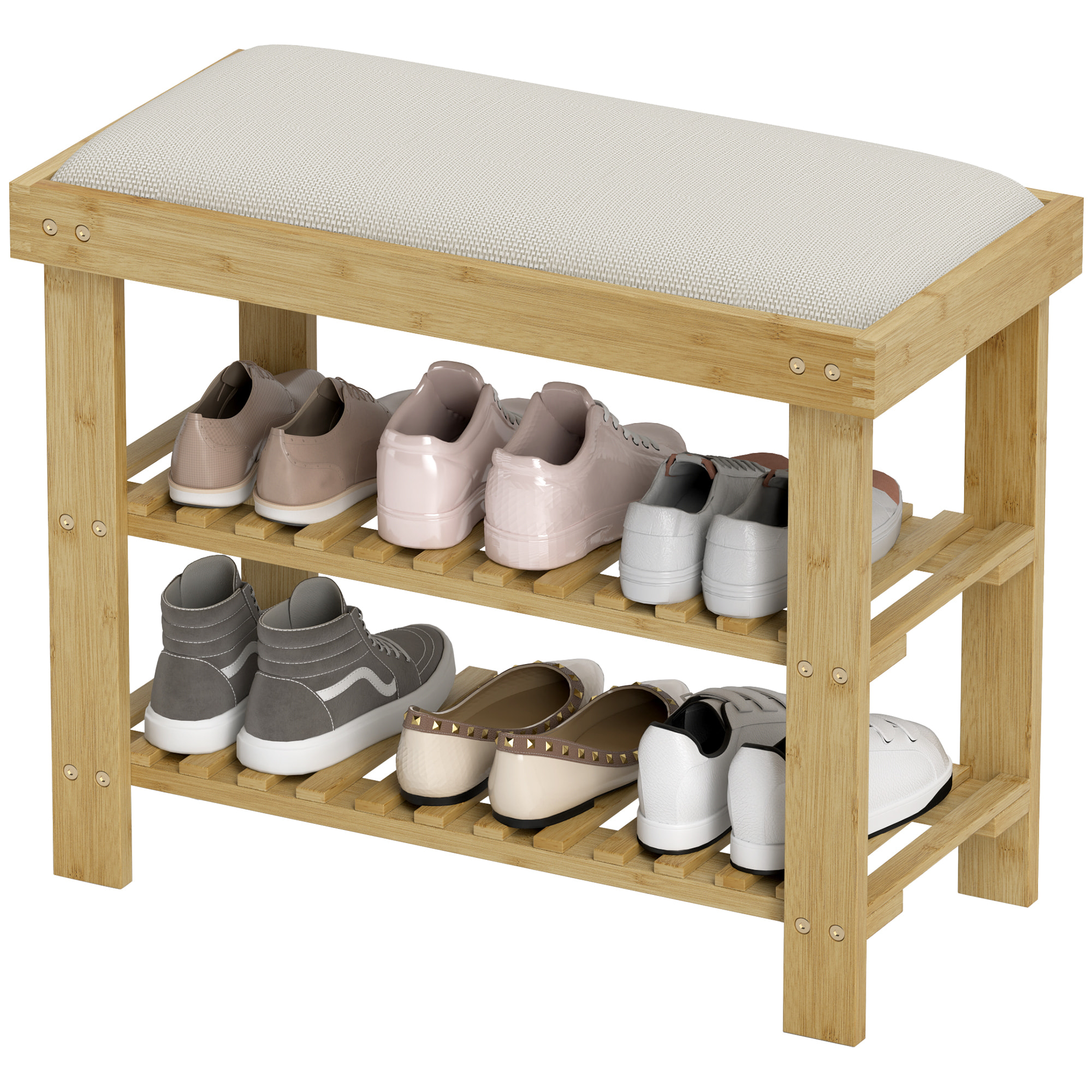 Banc à chaussures style scandinave 3 niveaux bambou bois naturel blanc cassé