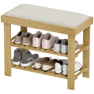 Banc à chaussures style scandinave 3 niveaux bambou bois naturel blanc cassé