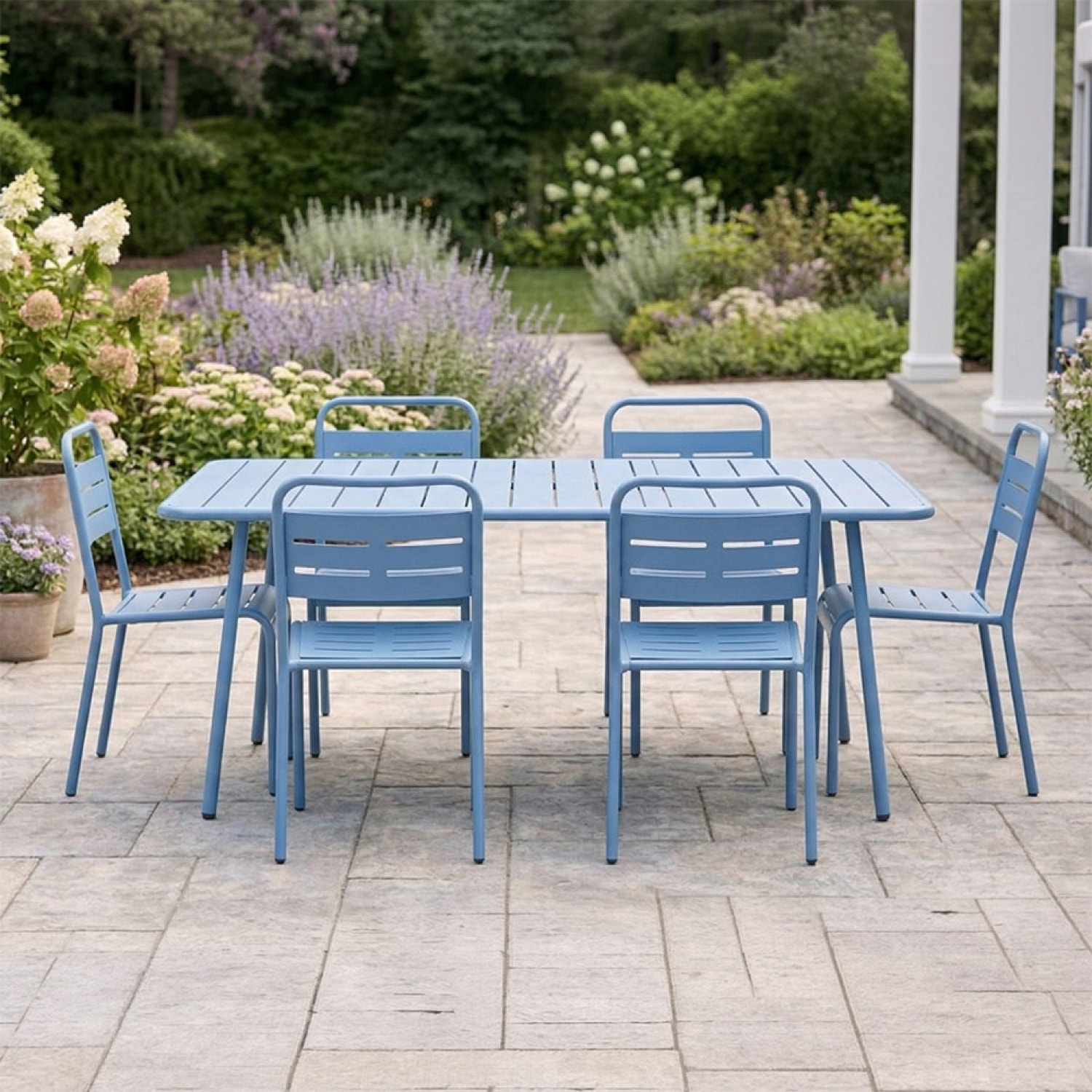 Ensemble table de jardin 160 cm et 6 chaises bleu EVORA