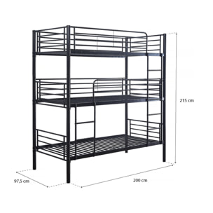 Lit superposé en métal triple "HAVIN" - 90 x 190 cm - Noir