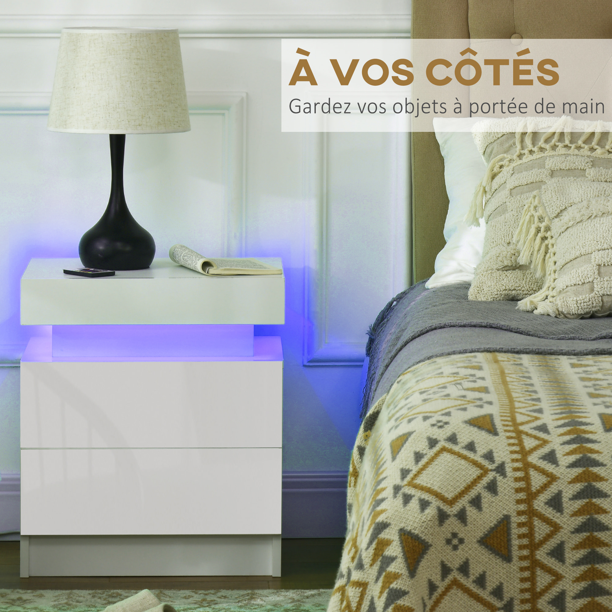 Table de chevet LED 2 tiroirs blanc laqué