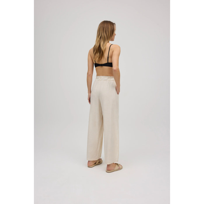 Pantaloni in lino a gamba larga con apertura