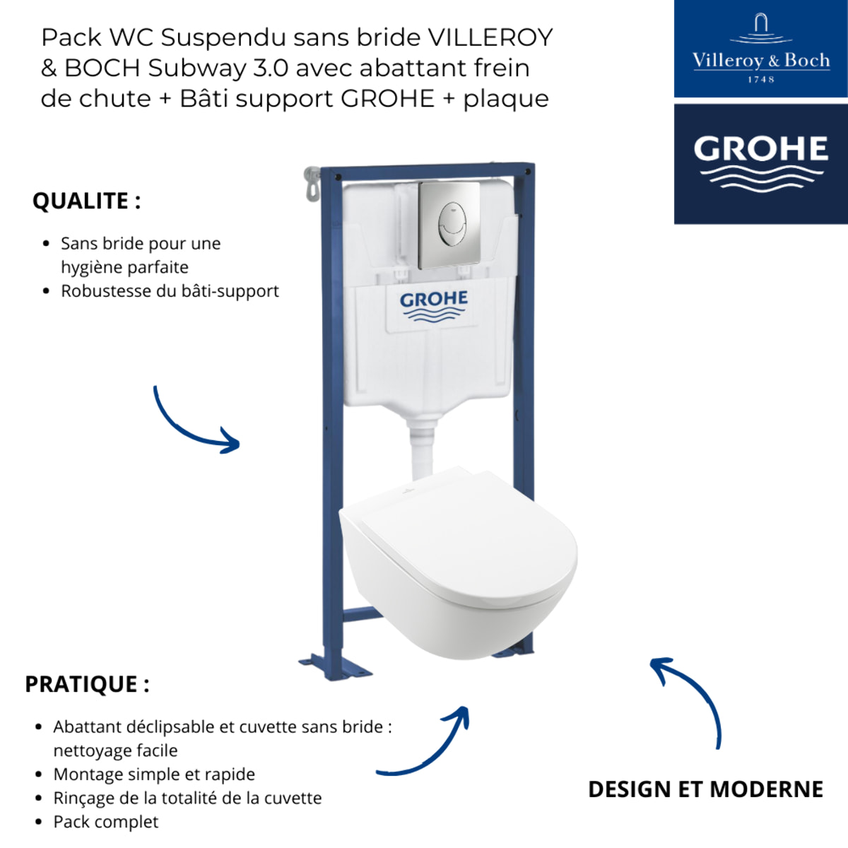 Pack WC Suspendu sans bride VILLEROY & BOCH Subway 3.0 avec abattant frein de chute + Bâti support GROHE + plaque chromée