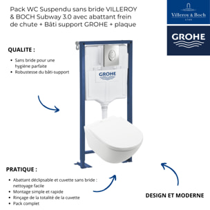 Pack WC Suspendu sans bride VILLEROY & BOCH Subway 3.0 avec abattant frein de chute + Bâti support GROHE + plaque chromée