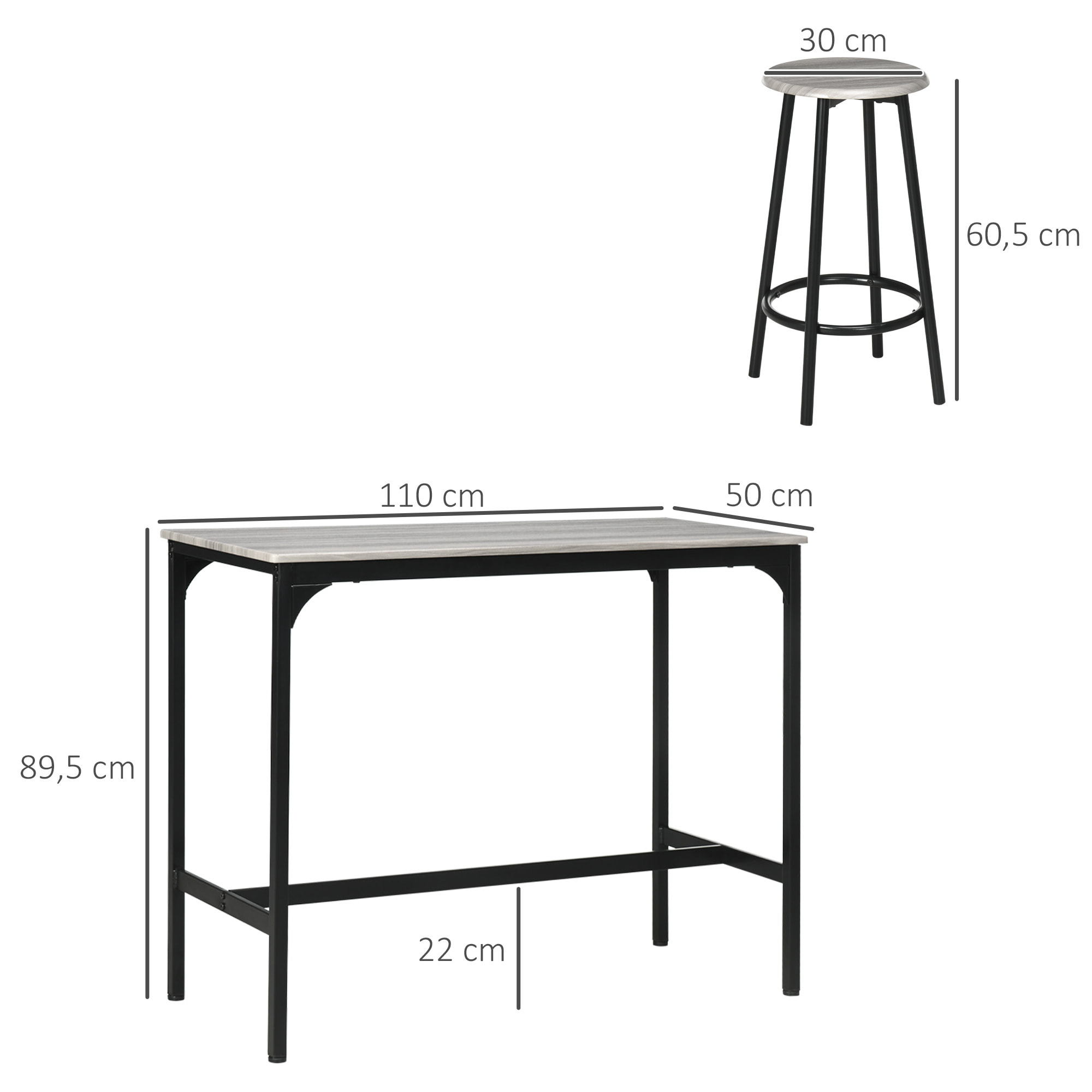 Conjunto Mesa Alta de Cocina con 4 Taburetes, Mesa de Bar Alta, Ahorro de Espacio, para Pisos Pequeños, Cocina, Comedor, Balcón o Isla Cocina 110x50x89,5 cm, Gris y Negro