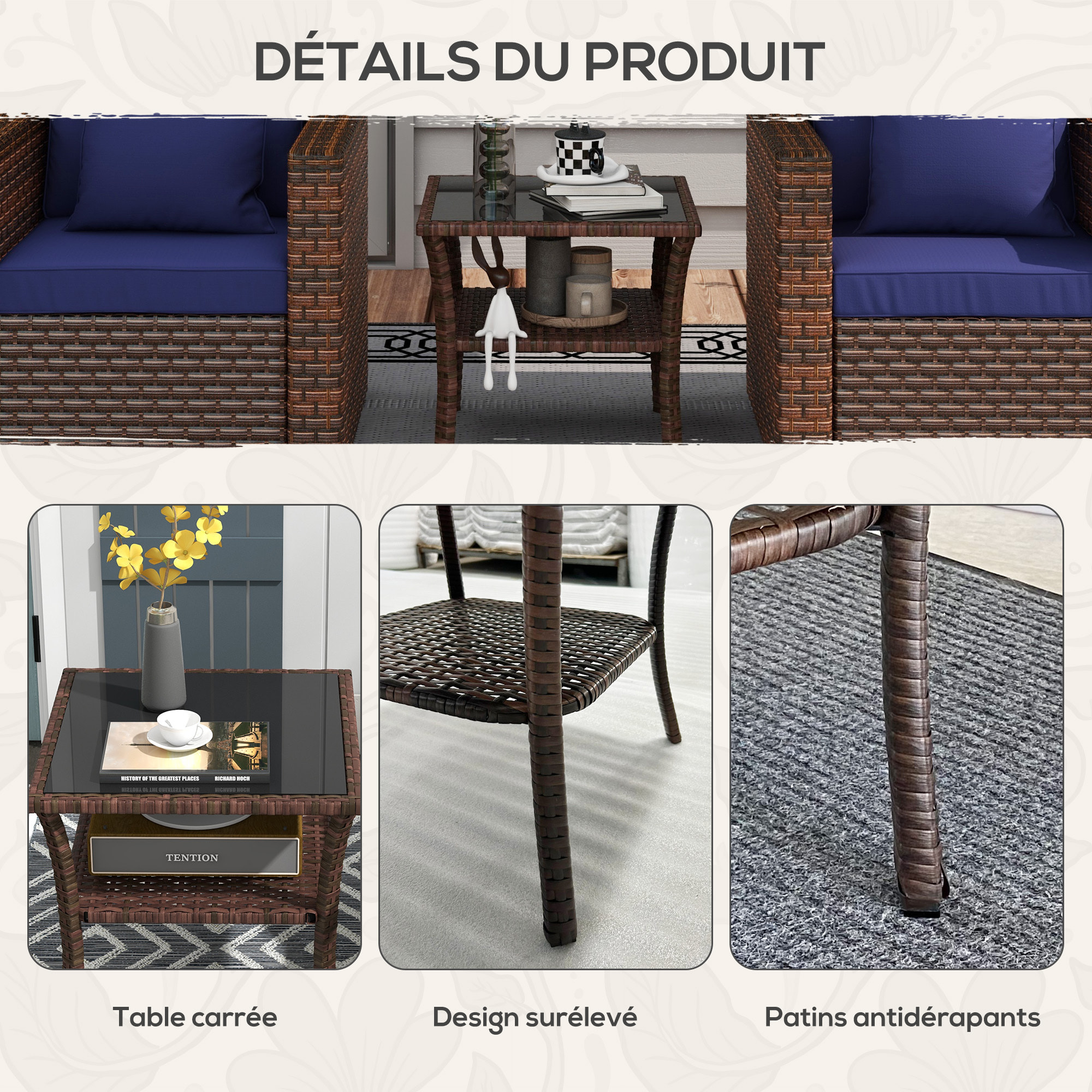Table basse de jardin avec étagère et plateau verre trempé dim. 50 x 50 x 45 cm résine tressée chocolat