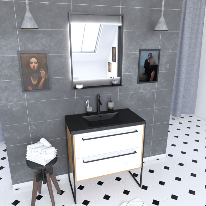 Meuble de salle de bain 80x50cm - vasque noir effet pierre 80x50cm - 2 tiroirs - miroir led