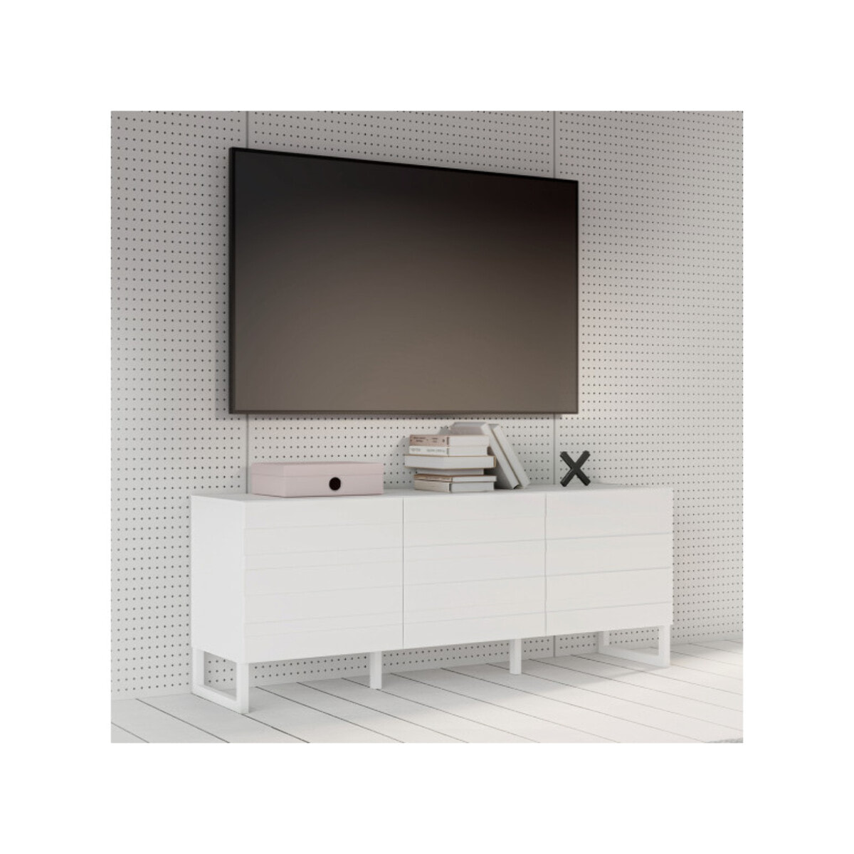 Meuble TV L165 cm 3 portes système push to open blanc mat - BRITANIA