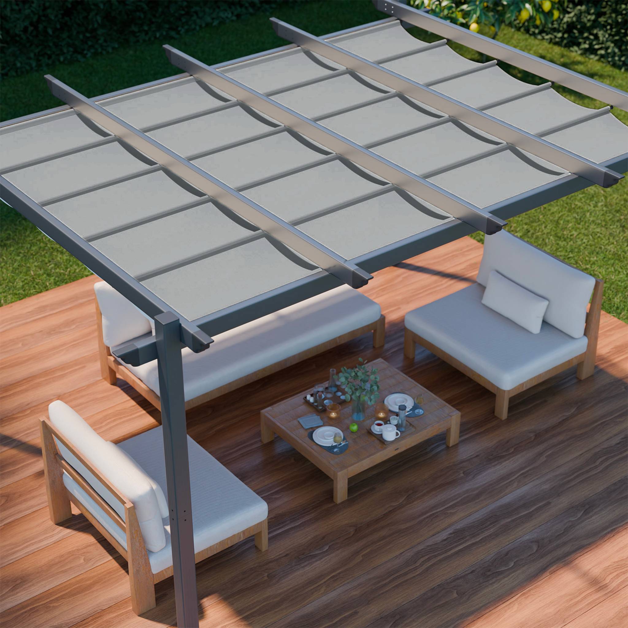Pergola aluminium - Isla 3x4m -  Toile grise - Tonnelle idéale pour votre terrasse. toit rétractable. toile coulissante. structure aluminium