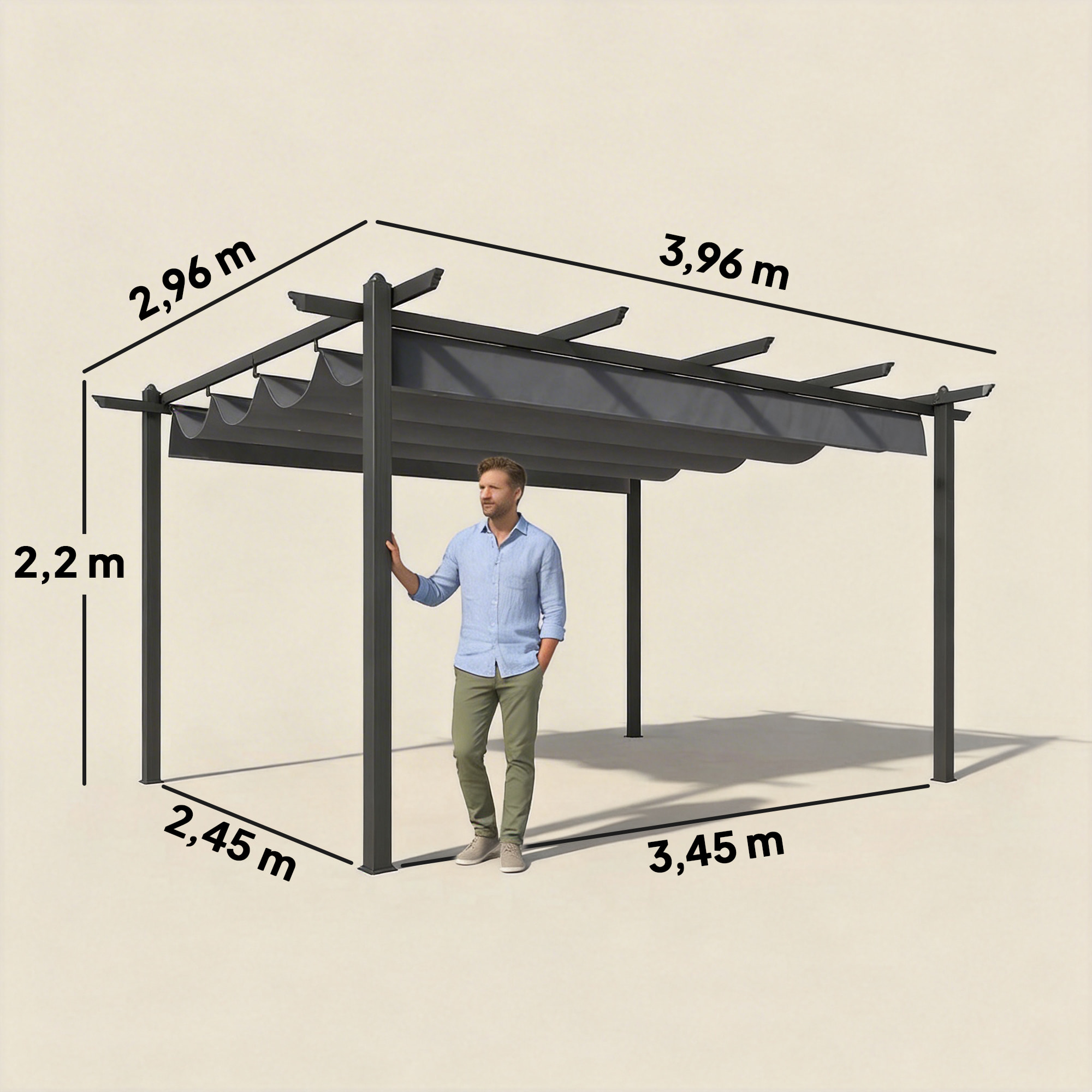 Pérgola de Jardín 4x3 m con Techo Retráctil, Cenador de Jardín con Estructura de Aluminio, UPF30+, Orificios de Drenaje, Pabellón para Exterior, Patio, Terraza, Gris