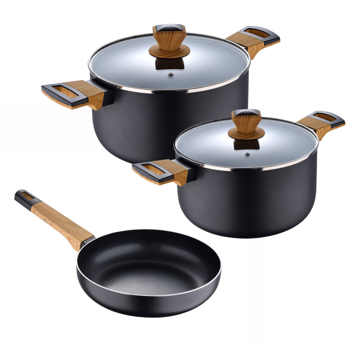 Batería de Cocina de 5Pzs (Cacerola con tapa Ø24cm + Cacerola con tapa Ø20cm+ Sartén Ø24cm) en aluminio presnado Earth Black Bergner