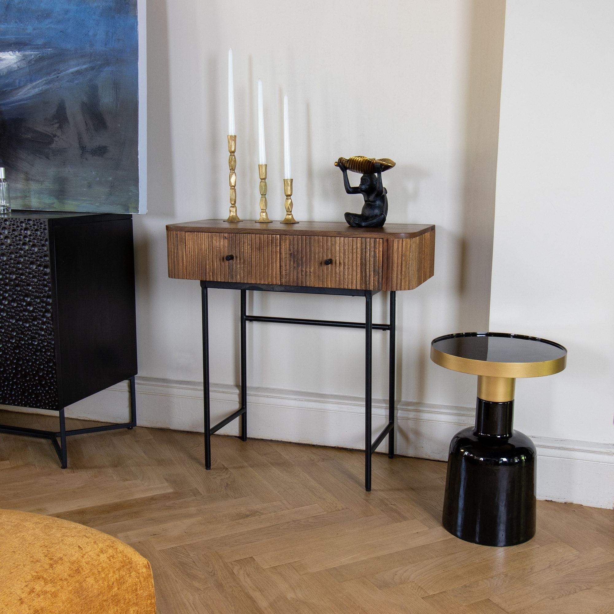 Meuble d'appoint rond en métal émaillé noir et doré PAMONA