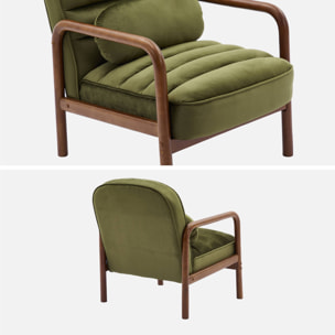 Fauteuil scandinave bois d'hévéa teinté noyer et tissu velours kaki