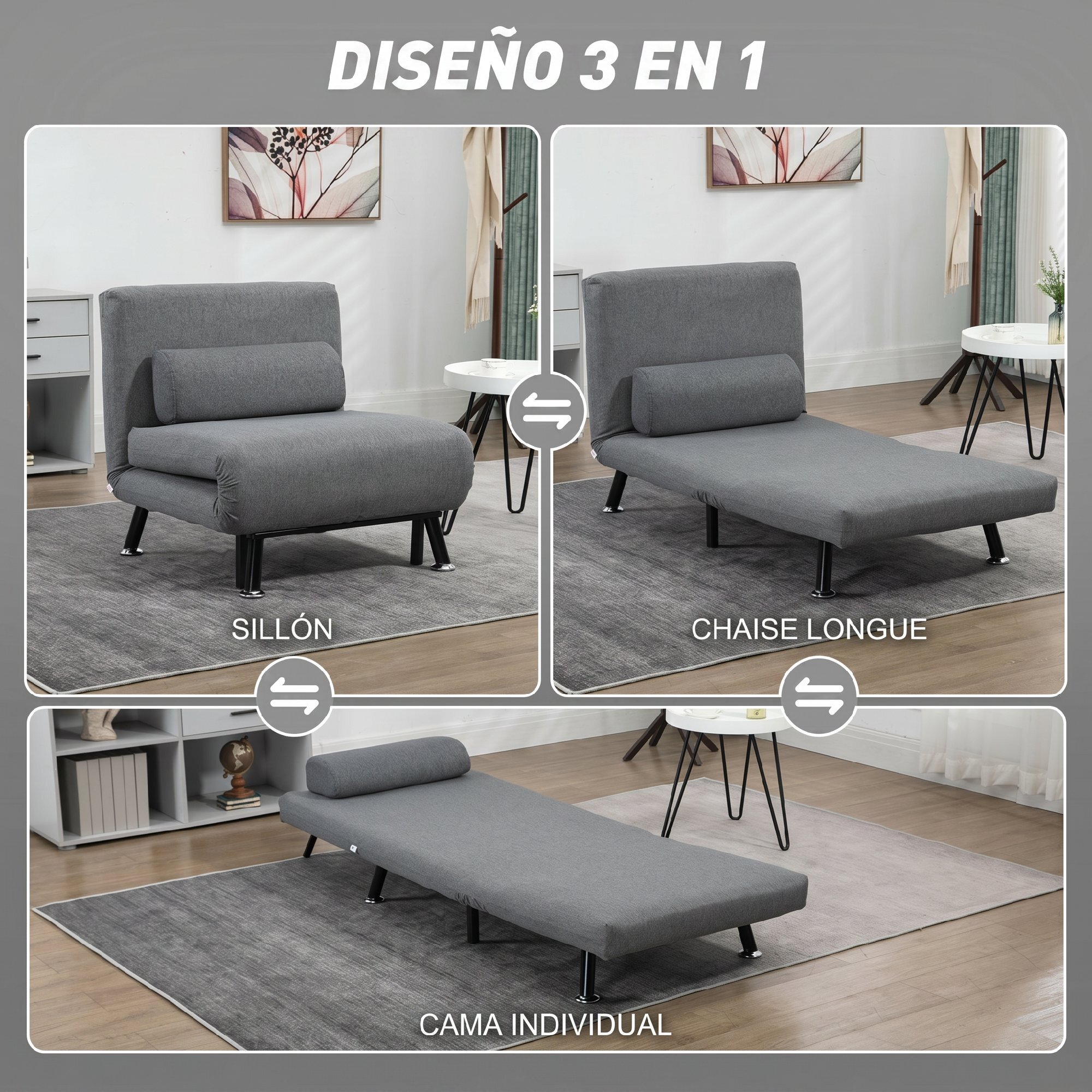 Sofá Cama de 1 Plaza 3 en 1 Sofá Cama Plegable Tapizado en Lino con Respaldo Ajustable de 5 Niveles y Almohada Acolchada para Oficina Dormitorio Salón 75x70x75 cm Gris Oscuro