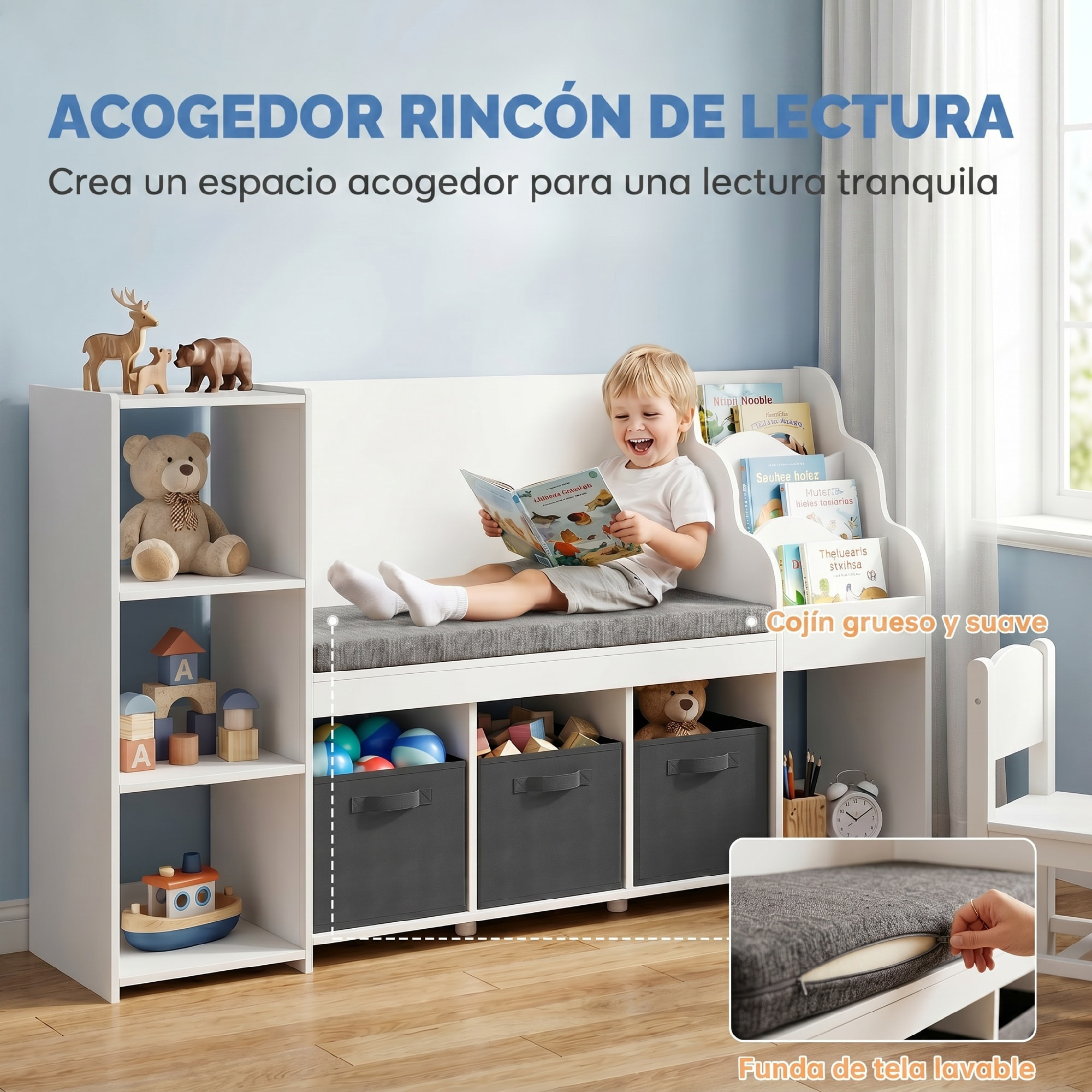 Estantería Infantil Juguetes con Rincón de Lectura, Organizador de Juguetes con Cojín, 3 Cajones de Tela, 3 Estantes, 4 Cubículos, 3-8 Años, Dormitorio, Guardería, 137x40x80 cm, Blanco y Gris
