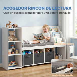 Estantería Infantil Juguetes con Rincón de Lectura, Organizador de Juguetes con Cojín, 3 Cajones de Tela, 3 Estantes, 4 Cubículos, 3-8 Años, Dormitorio, Guardería, 137x40x80 cm, Blanco y Gris