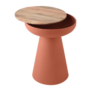 Table d'appoint ronde design avec rangement en métal terre brulée et bois manguier massif H52 cm TAM