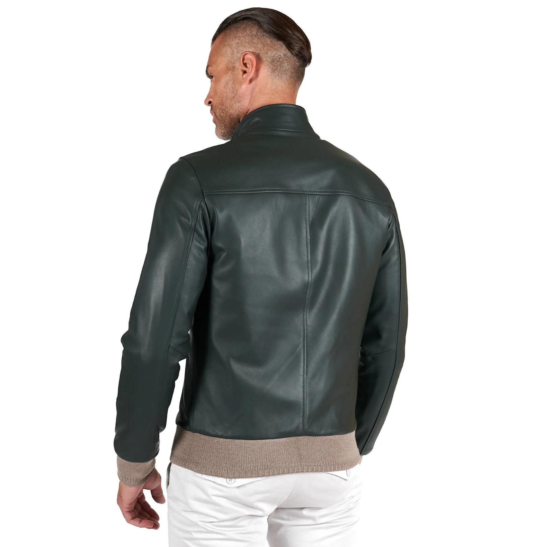 Giubbotto Bomber in pelle naturale verde colletto con bottoni