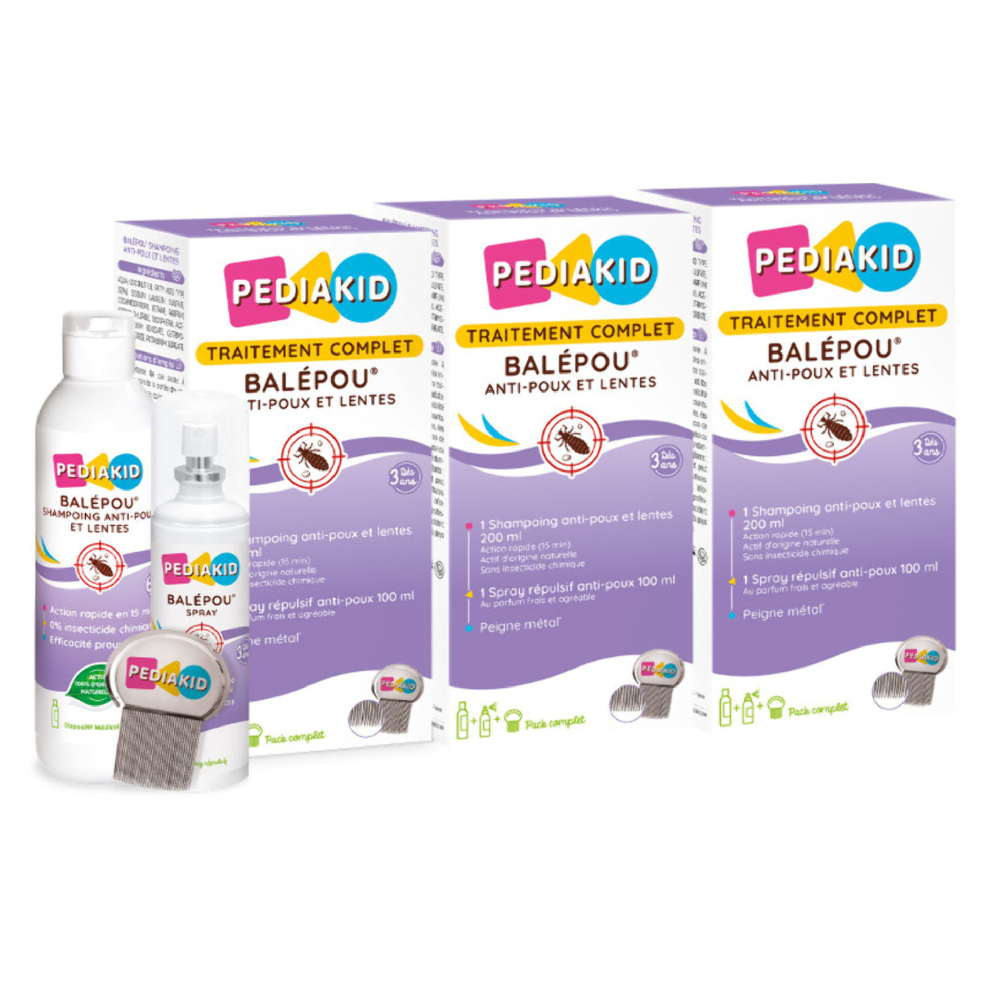 PEDIAKID - Traitement complet Balépou anti-poux et lentes - 1 Shampoing Anti-Poux et Lentes 200 ml + 1 Spray Répulsif 100 ml + 1 peigne - Lot de 3