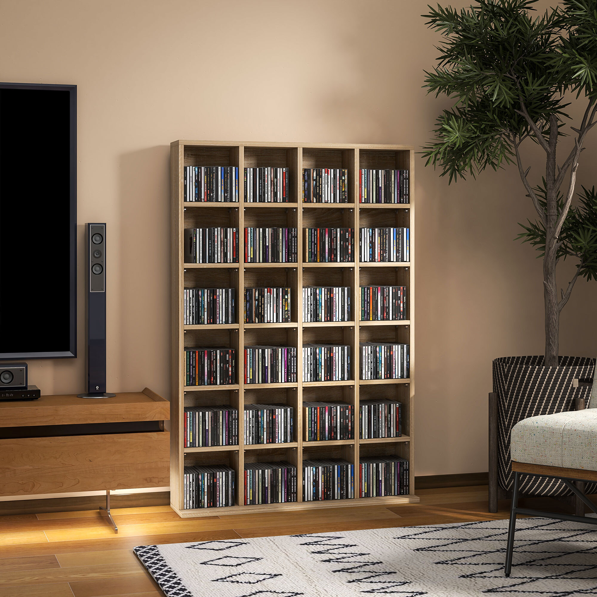 Étagère rangement CD/DVD meuble de rangement pour 480 CDs 24 compartiments réglables en hauteur 89 x 20 x 130 cm naturel