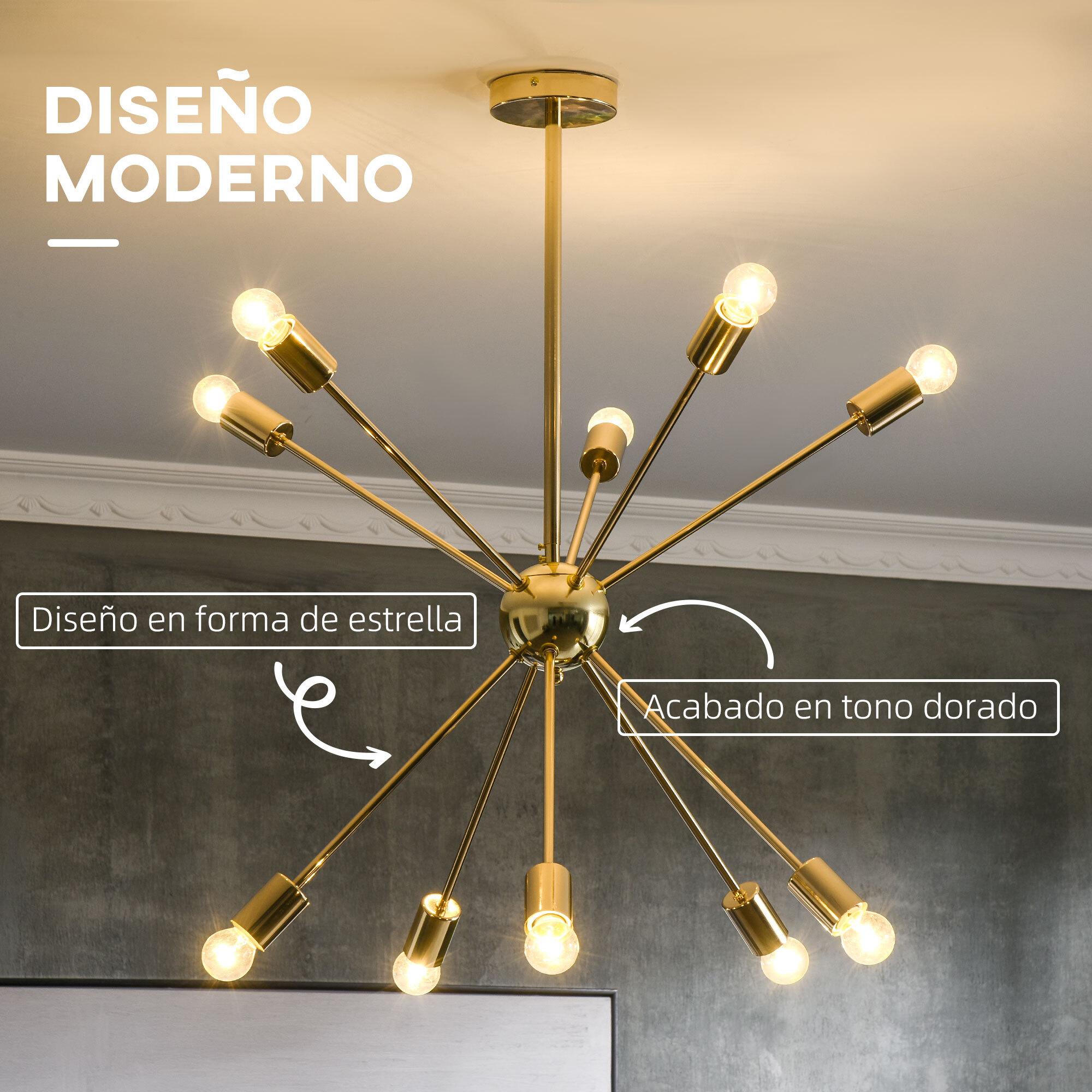 Lámpara Colgante Moderno Tipo de Araña Satélite Lámparas de Techo de Metal Casquillo E27 Máx. 25W para Salón Dormitorio Cocina 65x65x78,5 cm Dorado