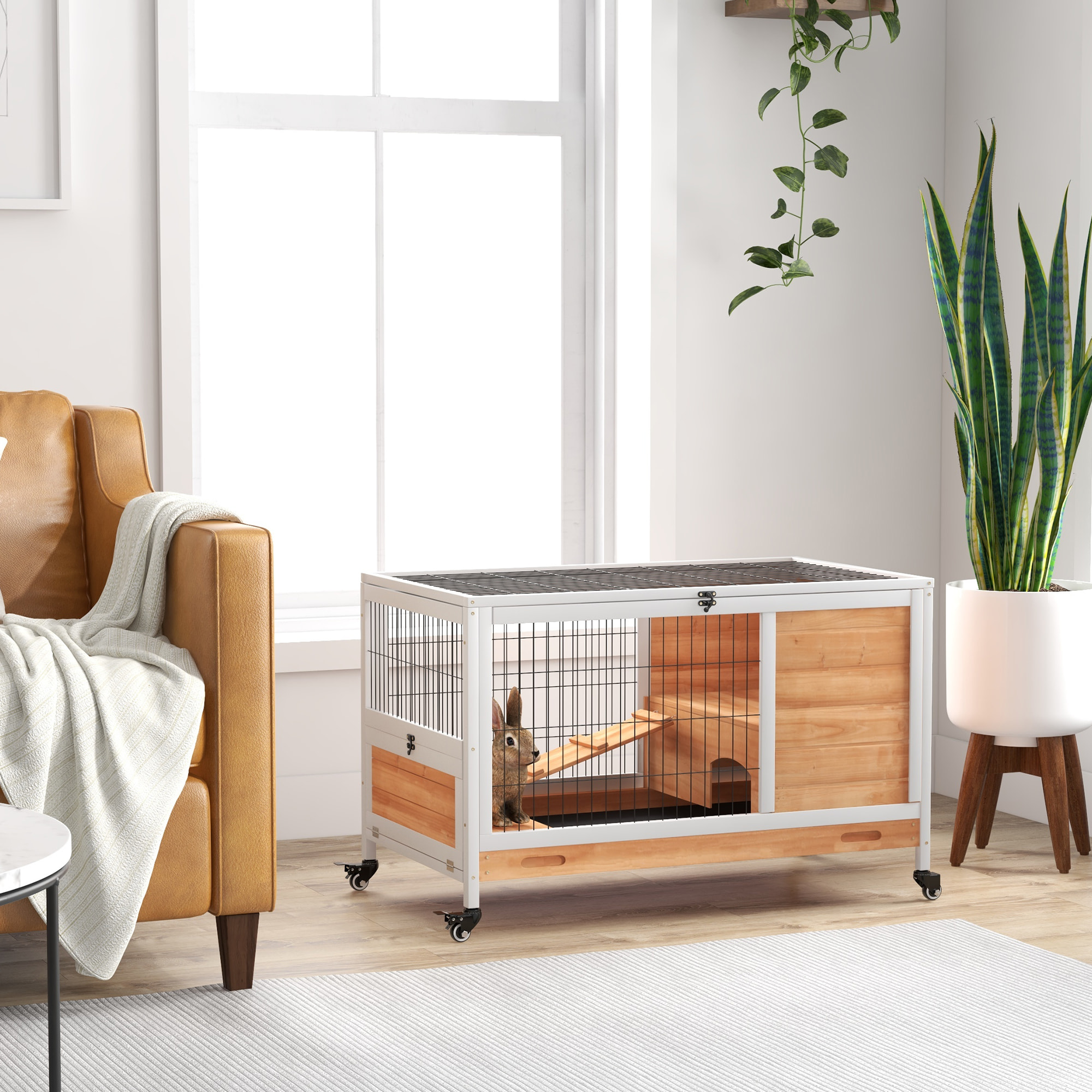 Jaula para Conejos de Madera Conejera para Mascotas Pequeñas Portátil Interior con Techo Abrible Rampa Bandeja Extraíble para Conejillos de Indias 90x53x59 cm Natural y Blanco