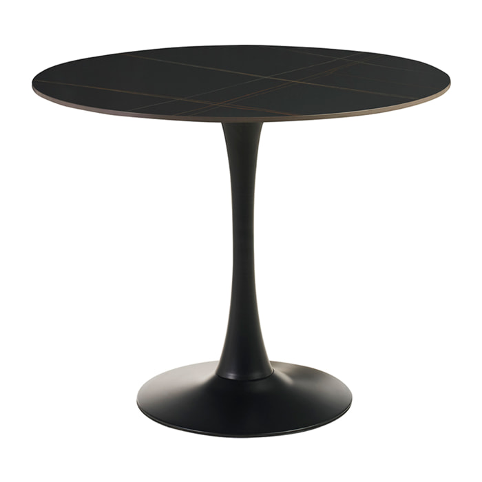 Table à manger design ronde en céramique noire et métal D90 cm MALOU