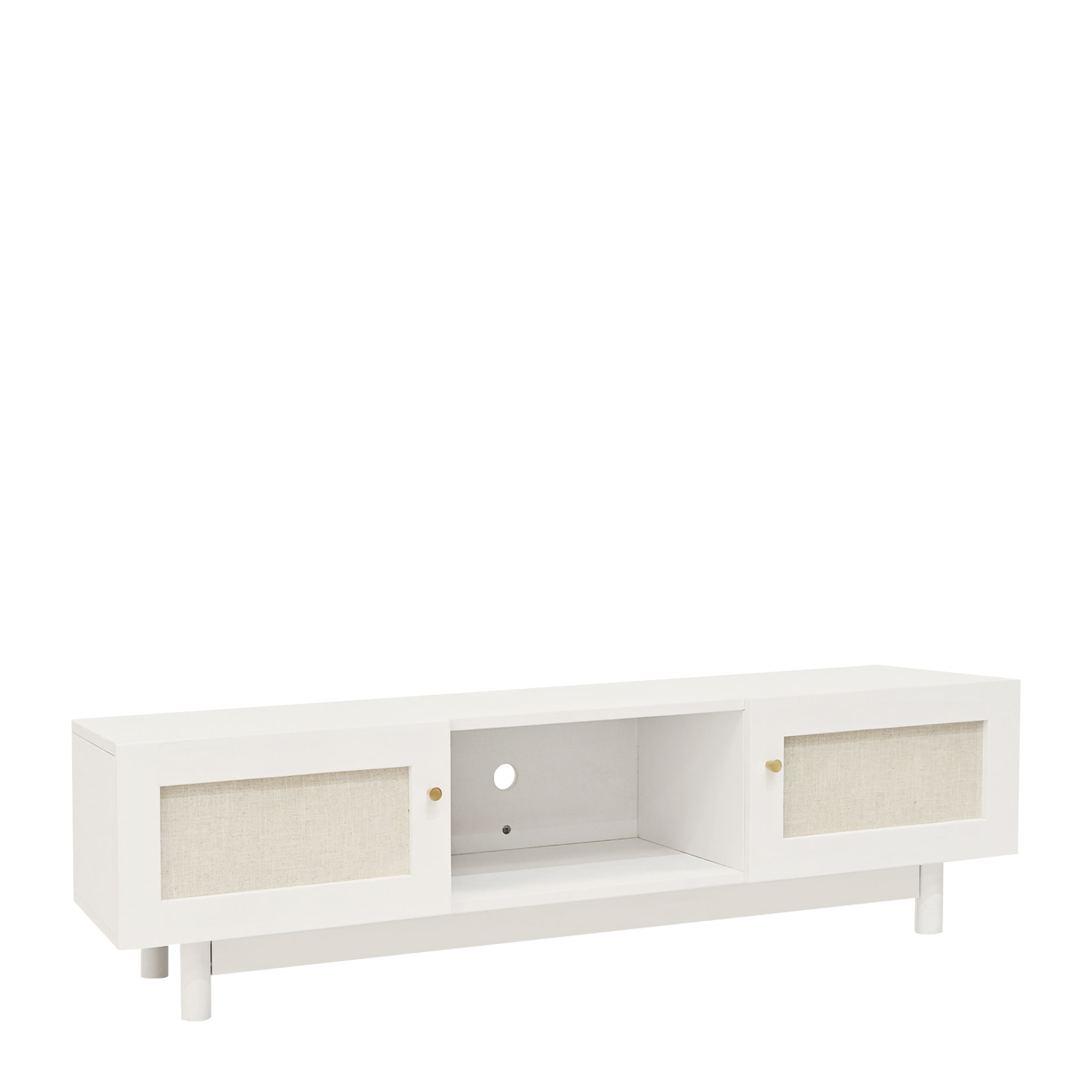 Meuble TV en bois massif et toile de lin avec 2 portes en blanc 150x40cm Hauteur: 40 Longueur: 150 Largeur: 42