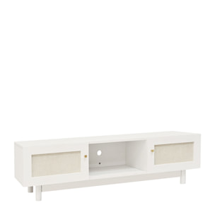 Meuble TV en bois massif et toile de lin avec 2 portes en blanc 150x40cm Hauteur: 40 Longueur: 150 Largeur: 42