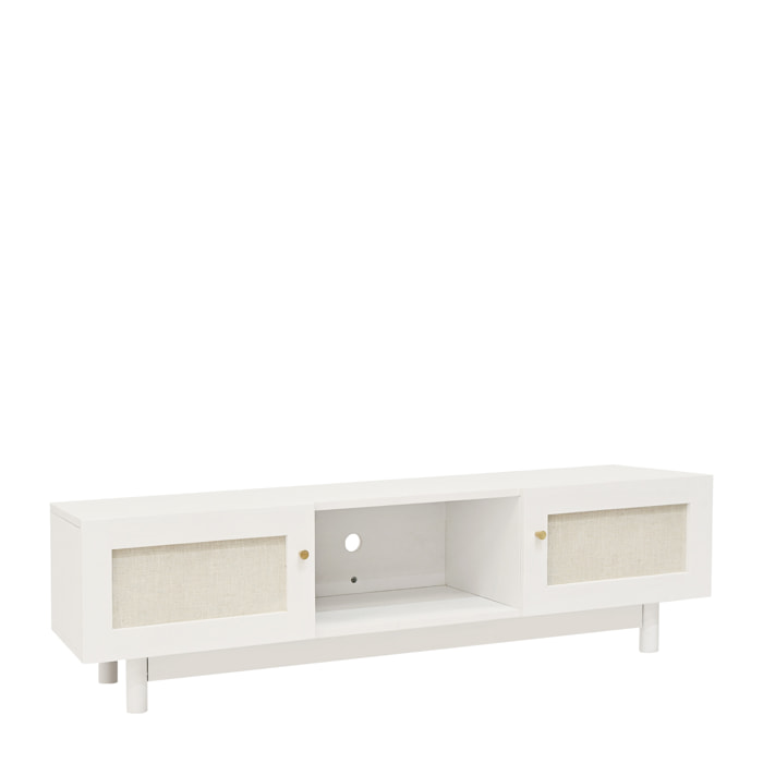 Meuble TV en bois massif et toile de lin avec 2 portes en blanc 150x40cm Hauteur: 40 Longueur: 150 Largeur: 42