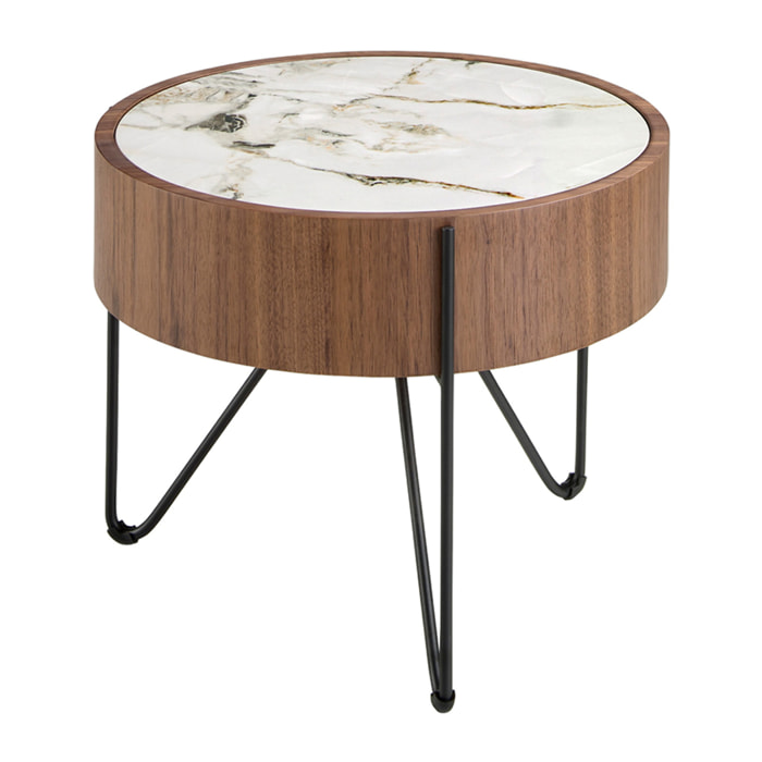 Mesa rincón Angel Cerdá redonda en madera chapada en nogal natural y una tapa de mármol porcelánico blanco con vetas en tonalidades grises y marrones en acabado brillo 50x50x38cm