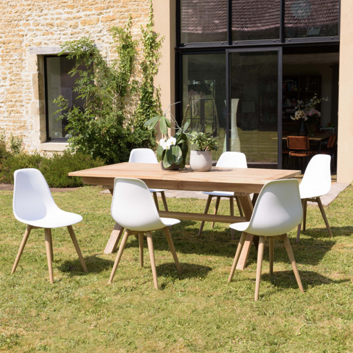 MALO - SALON DE JARDIN 6 PERS. - 1 table rectangulaire 180x100cm et 6 chaises blanches pieds couleur naturelle