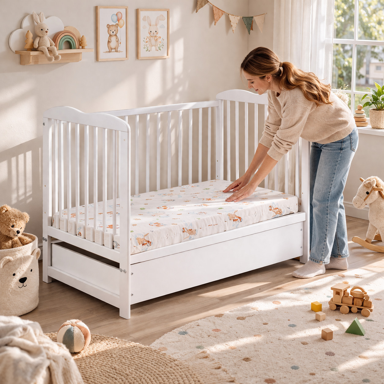 Culla Con Cassetto Contenitore Sponde Removibili E Materasso Incluso Altezza Regolabile Rete A Doghe Design Moderno 89 x 124 x 65 Cm Bianco Opaco
