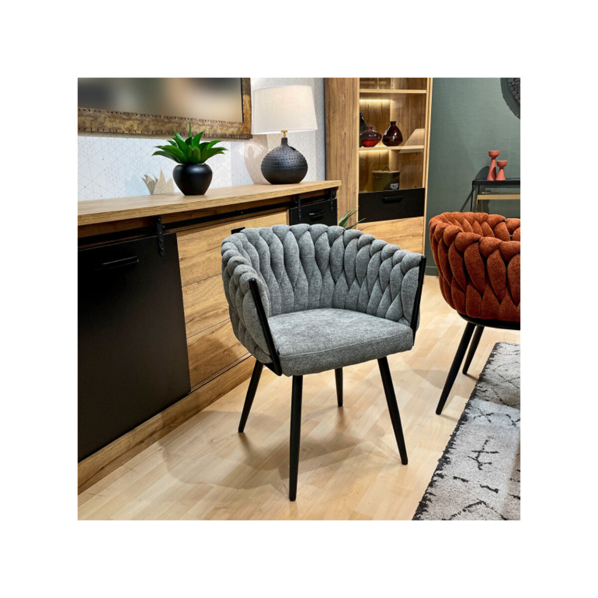 Chaise en tissu maille tressé matelassé avec accoudoirs - MELODIE 2